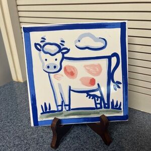Cute Cow Vintage Ceramic Tile Trivet by Orient 6" x 6"